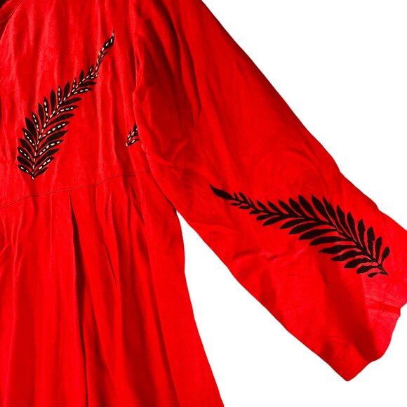 Zola Orange Red Boho Tunic Top Dress Leaf Print Embroidery Accents Beaded Tie - Picture 5 of 11